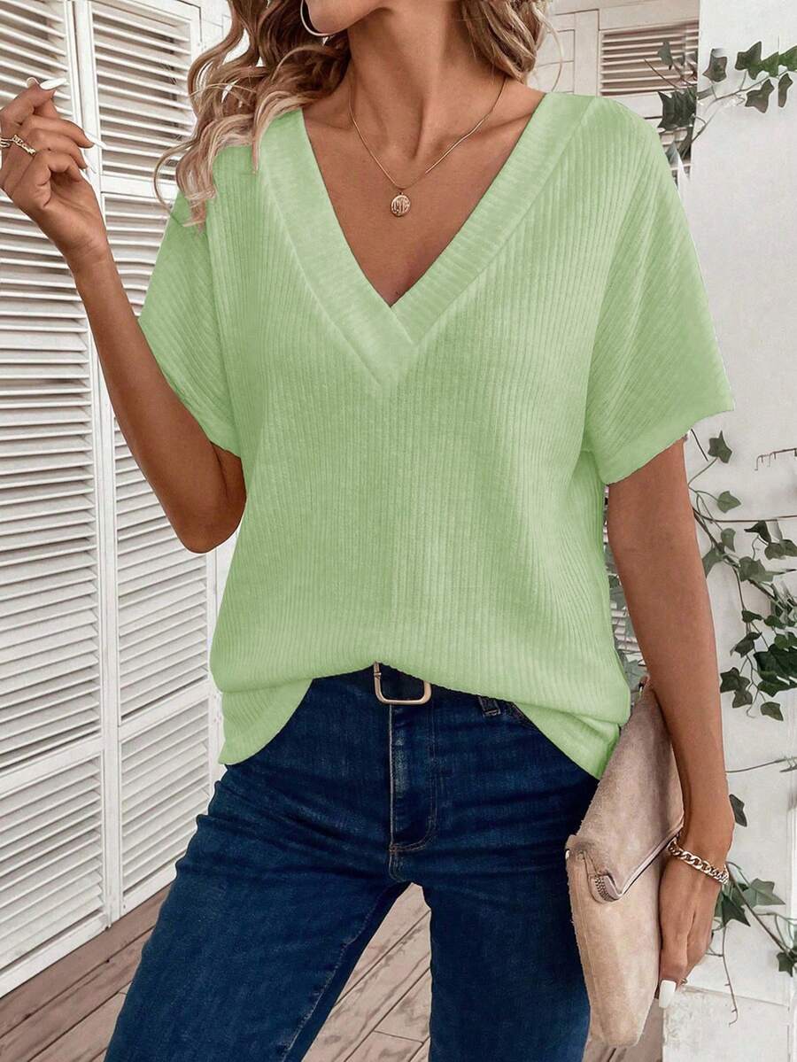 New Fashion Casual Versatile V-Neck Textured Knit Fabric Short Sleeve T-Shirt For Women - Mint Green - View 1