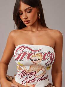 Radiana Women's 2-Piece Set:Retro American Graphic Bandeau Top & Plaid Layered Ruffle Bow Mini Shorts,White And Brown,Summer,Street Wear Y2k,Club Night,Chic - Multicolor - View 4