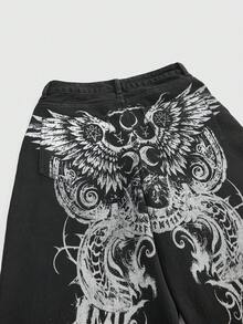 ROMWE Grunge Punk 朋克风做旧超大直筒加长牛仔裤，饰有翅膀和荆棘图案 - 黑色 - 查看 4