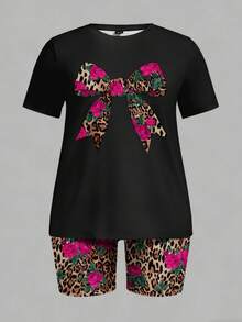 Slaydiva Casual Loose Rose Leopard Print Bow Graphic Round Neck Short Sleeve T-Shirt And Shorts Set, Suitable For Summer Music Festivals, Plus Size - Multicolor - View 6
