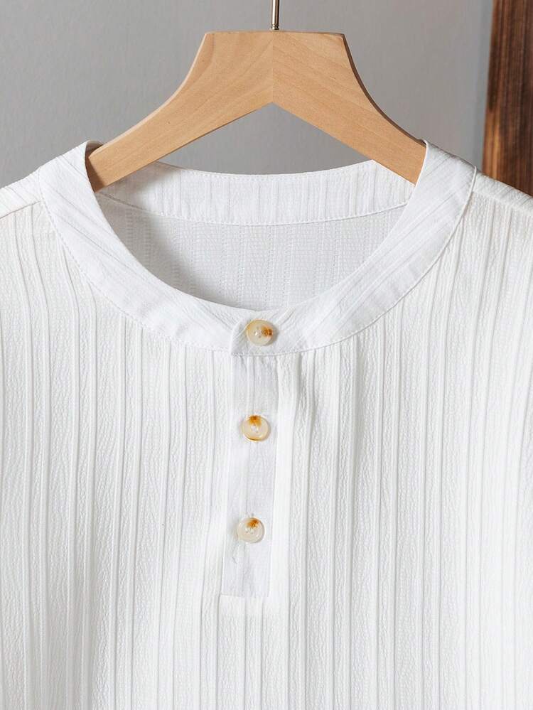 2 Peças Conjunto de Camisa de Tecido Texturizado de Meia Plaqueta Casual e Shorts Listrados para Meninos Adolescentes, Confortável para Uso Diário, Transporte, Férias - Azul - Visão 3