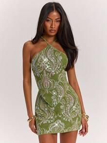 SHEIN BAE Beach Holiday Casual Crochet Beaded Backless Halter Top, Spring/Summer - Green - View 4