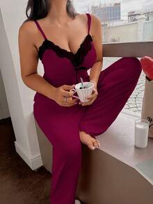 Napfluff CURVE Napfluff CURVE 大码蕾丝拼接吊带背心和阔腿裤套装，针织休闲家居服两件套 - 酒紅色 - 查看 5