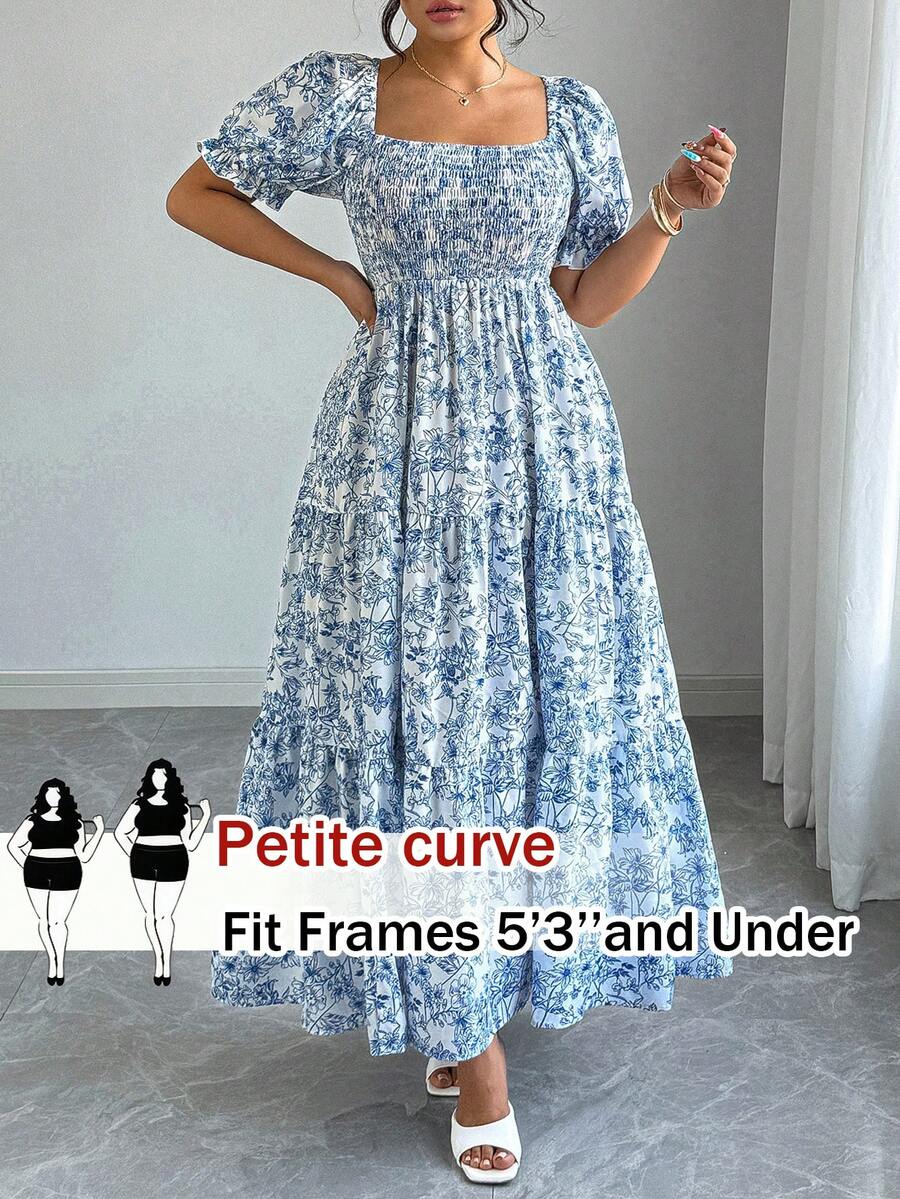SHEIN PETITE CURVE 大码印花荷叶边下摆方领短袖连衣裙，适合娇小身材的女装，包括夏季连衣裙、小码服装和曲线款。 - 藍色 - 查看 1
