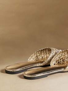 Rosivie Versión coreana de plantillas de microfibra de secado rápido y ligero, sandalias de malla de pan de verano con suela plana - Dorado - Ver 4