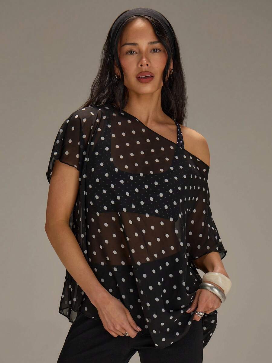 Athîral Women's Casual Off Shoulder Polka Dot Black Shirt, Suitable For Spring And Summer Vacations, Women's Transparent Top On One Shoulder, Off Shoulder Mesh Single Shoulder Top, Black Polka Dot Top, Daily Wear, Versatile Item, Suitable For Beach Wear, Date Party Wear, Holiday Wear, Summer Top, Black Top - Black and White - View 1