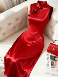 Chiquease Red Knitted Fabric Bodycon Midi Dress For Women Sleeveless Stand Collar Elegant Style With Zipper Detail Flared Hem - Red - View 1