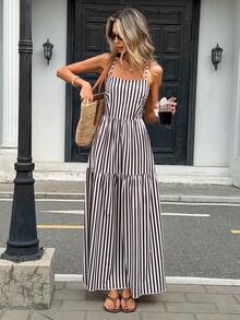 Pariaura Women's Backless Criss-Cross Striped Spaghetti Strap Dress, Vacation - Khaki - View 4