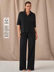 SHEIN Solid Drop Shoulder Button Front Shirt & Wide Leg Pants Set – Effortless Chic Co-Ords - Black - View 3