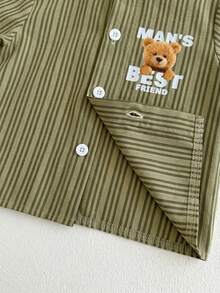 SHEIN Playful Pals 6-36个月婴幼儿两件套，男女宝宝通用卡其色条纹小熊印花短袖衬衫+纯色弹力腰短裤，适合春夏日常休闲穿着及度假。 - 軍綠色 - 查看 8