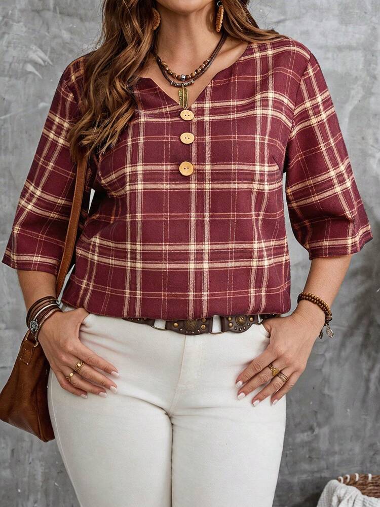 Plus Size Women Plaid V-Neck Casual Versatile Daily Wear Shirt