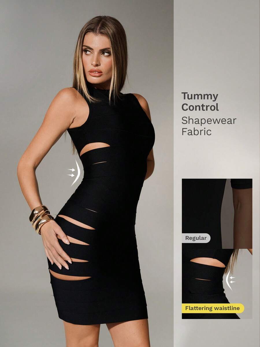Nuvra Sleeveless Bandage Textured Bodycon Side Cut-Out Mini Cocktail Dress - Black - View 1