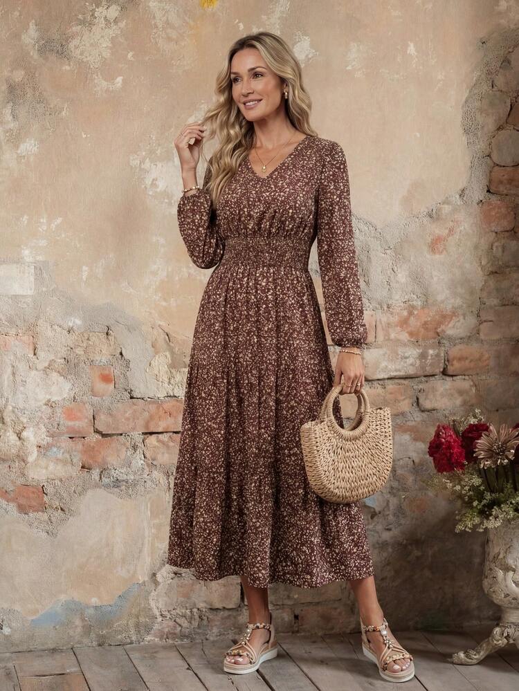 Women's Casual Floral Print Long Sleeve Dress, Suitable For Autumn/Winter Everyday Wear Winter Dress Elegant Dresses For Women Floral Dress For Women Elegant Midi Dress Autumn Dress Earth Tone Dress Fall Dresses For Women Women Outfit Date Night Going Out Dress