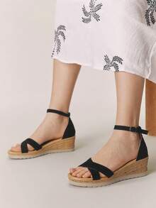 Styleloop Giày sandal đế xuồng cao gót cho nữ, chất liệu vải dệt, thiết kế quai chéo, gót dây thừng, phụ kiện không thể thiếu cho kỳ nghỉ, phong cách bohemian, lễ hội âm nhạc, tiệc tùng, phong cách retro Mỹ, trang phục ngày lễ, đồ dùng cần thiết khi đi du lịch. - Đen nâu đậm - Xem 5