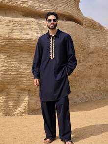 DAZY Men's Navy Blue Shirt And Pants Set, Suitable For Spring And Autumn Vacation - Navy Blue - View 3