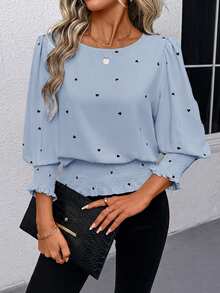 SHEIN LUNE 复古爱心印花休闲通勤户外圆领荷叶边花瓣袖女式衬衫 - 淺藍色 - 查看 4