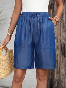 EMERY ROSE Bermudas de cintura media con bolsillos laterales, sueltas y de longitud hasta la rodilla, de estilo básico y moderno - Azul - Ver 7