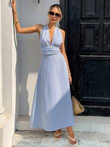 SHEIN PariChic 女士露背深V长连衣裙 - 蓝白竖条纹无袖褶皱腰身夏季沙滩鸡尾酒会连衣裙 - 藍白色 - 查看 4