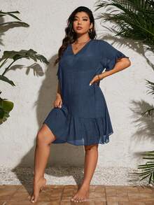 Swim Vcay Plus Size Women Summer Beach Vacation Loose Fit Short Sleeve Cover Up Dress - Blue - View 5