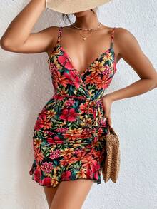 Breezaya Floral Print Ruffle Hem Belted Cami Bodycon Dress - Multicolor - View 3