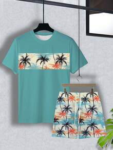 Manfinity RSRT Tropical Coconut Tree Beach Print Men's Round Neck Short Sleeve Lake Blue T-Shirt Set, Men's American Beach Style Round Neck Lake Blue T-Shirt Set - Multicolor - View 3