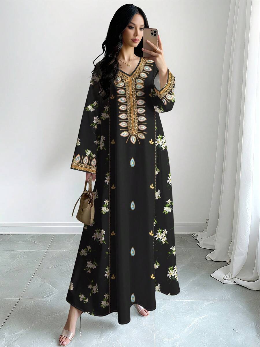 SHEIN Najma 莉莉碎花V领长袖连衣裙,波西米亚风印花长裙,优雅阿拉伯风情,春夏长裙,适合度假和日常穿着 - 彩色 - 查看 1