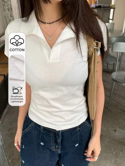 DAZY Maglietta casual da donna a maniche corte con colletto alla coreana e colore unito
