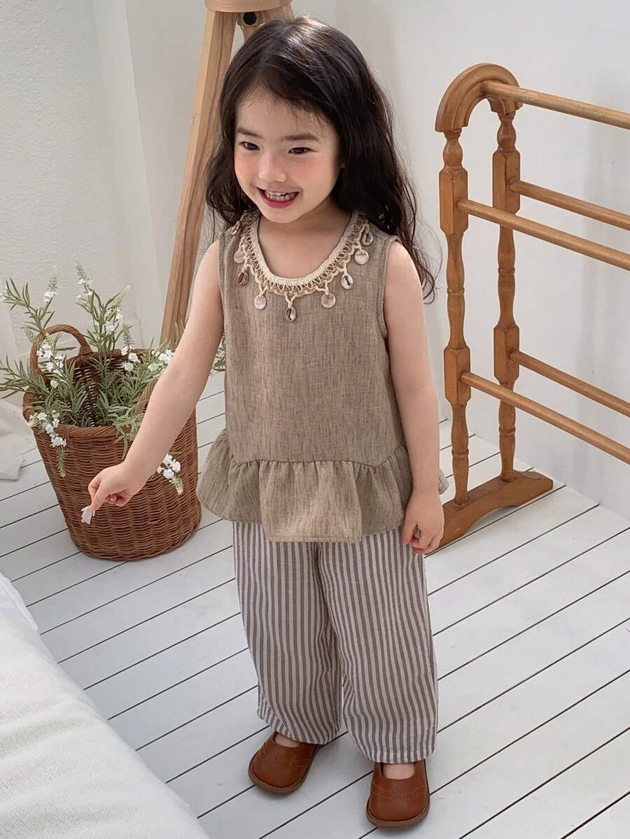 DAZY Baby Girl Ruffled Hem Sleeveless Shirt And Striped Pants Set - Light Grey - View 1