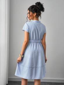 Momance Maternity Striped Cap Sleeve Single-Breasted Casual Dress - Blue and White - View 2