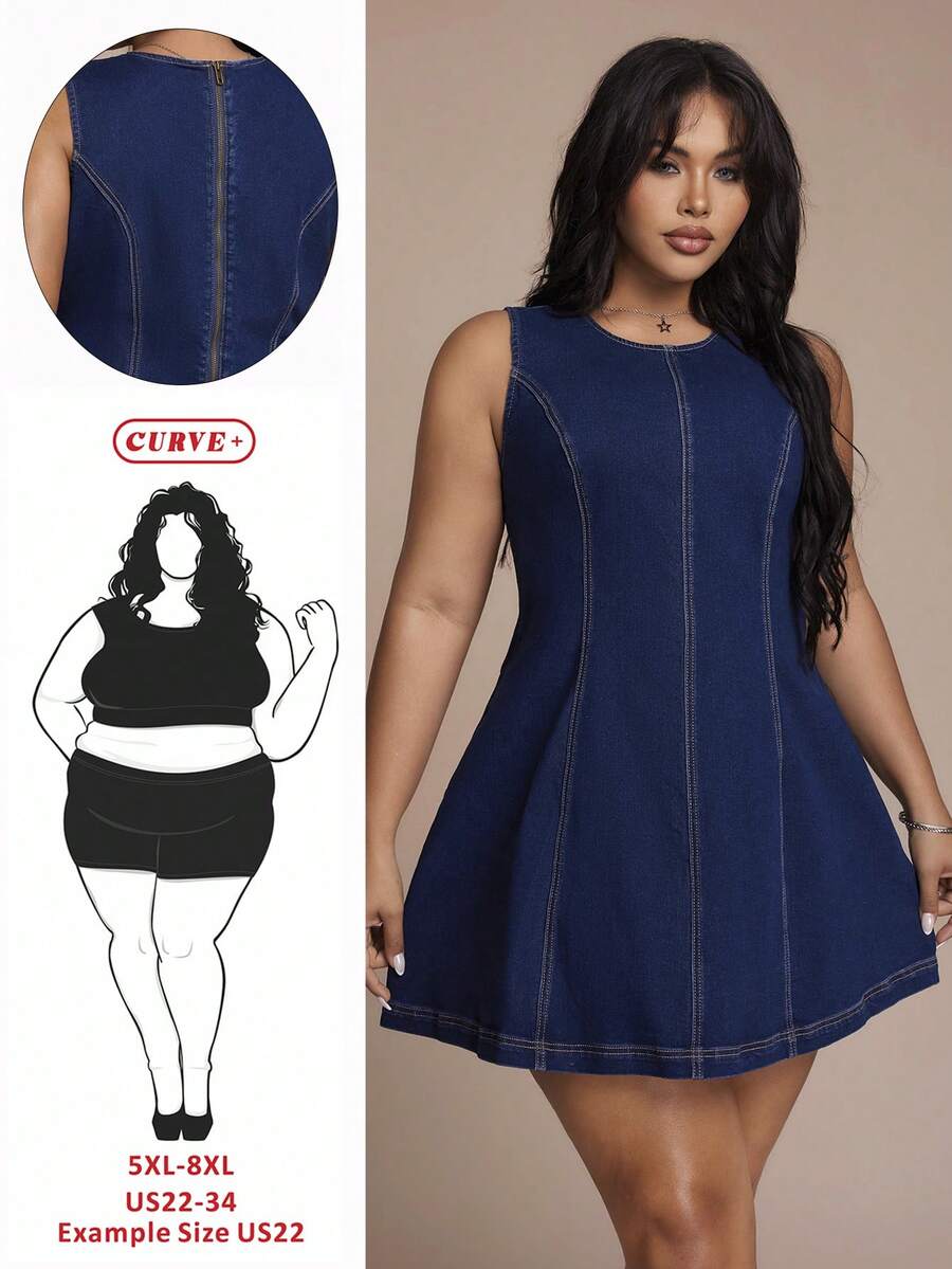 SHEIN CURVE+ 夏季大码休闲无袖牛仔迷你连衣裙 夏季连衣裙 春季连衣裙 复活节连衣裙 圣帕特里克节连衣裙 优雅派对连衣裙 婚礼宾客连衣裙 毕业礼服 优雅连衣裙 度假连衣裙 休闲连衣裙 蓝色连衣裙 夏季大码深蓝色牛仔无袖迷你连衣裙，带缝线细节 - 深色水洗藍 - 查看 1
