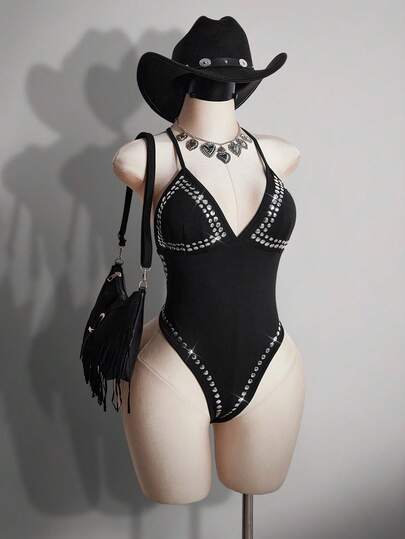 SHEIN ICON Plus Size V-Neck Spaghetti Strap Rhinestone Backless Bodysuit For Women