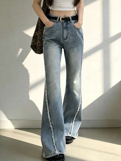 FRIFUL Women's Solid Color Frayed Hem Slant Pocket Casual Fashion Jeans