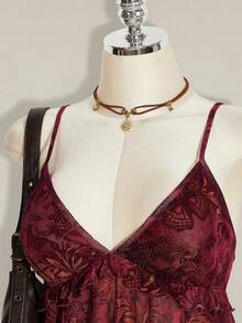 SHEIN ICON Plus Size Women Plant Print Ruffle Hem Camisole Tank Top For Holiday,Rave Top - Burgundy - View 6