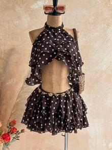 Soleia Women's Polka Dot Pattern Layered Ruffle Trim Halter Neck Crop Top, Vacation Style - Coffee Brown - View 1