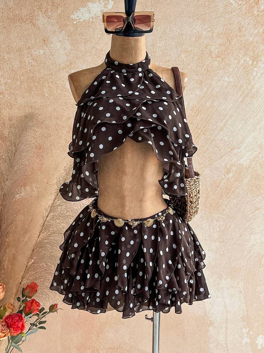 Soleia Women's Polka Dot Pattern Layered Ruffle Trim Halter Neck Crop Top, Vacation Style - Coffee Brown - View 1