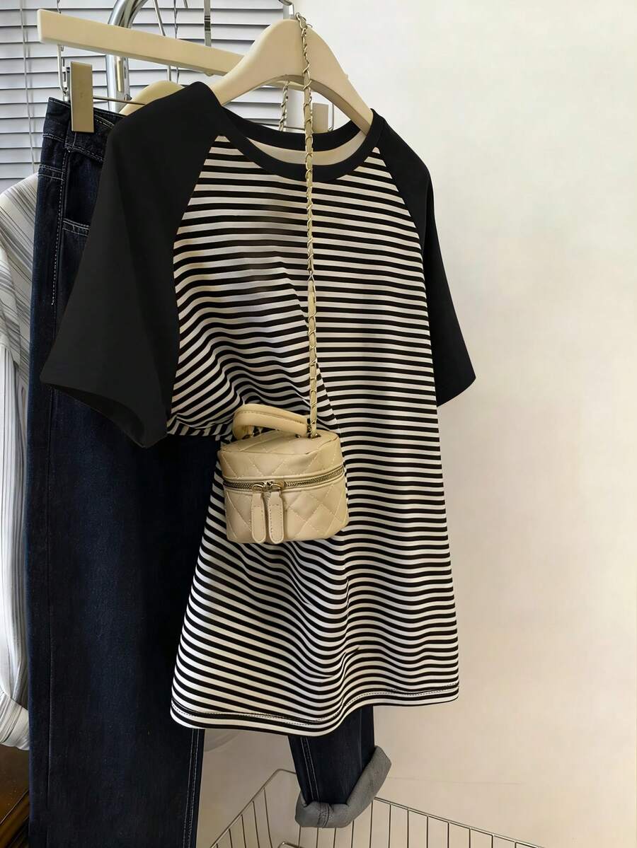 Resyla Camiseta de manga corta con cuello redondo, bloques de color a rayas y estampados, nueva llegada para primavera/verano para mujer - Multicolor - Ver 1