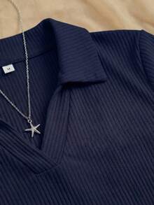 Vestido corto ajustado dama mujer básico liso manga corta cuello tipo polo estilo casual versátil cómodo chic fresco moda juvenil - Azul Marino - Ver 3