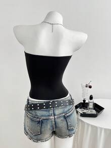 Elamini 女士休闲简约水钻装饰抹胸露脐上衣 - 黑色 - 查看 2