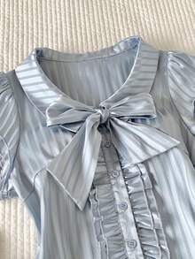 Comfortcana Women's Elegant Commuter Striped Shirt With Bow Decor, Summer Vacation Wear, American Casual, Valentine's Day,Carnival, Home Leisure, Beach,Holiday Summer Spring Break Spring Vacation Graduation Wedding Party Ceremony Elegant Vacation Casual Beach Vacation Summer Blue Elegant 2000 Y2K Cute Girly Chest Tied Blouse With Bow Decor - Grey - View 3