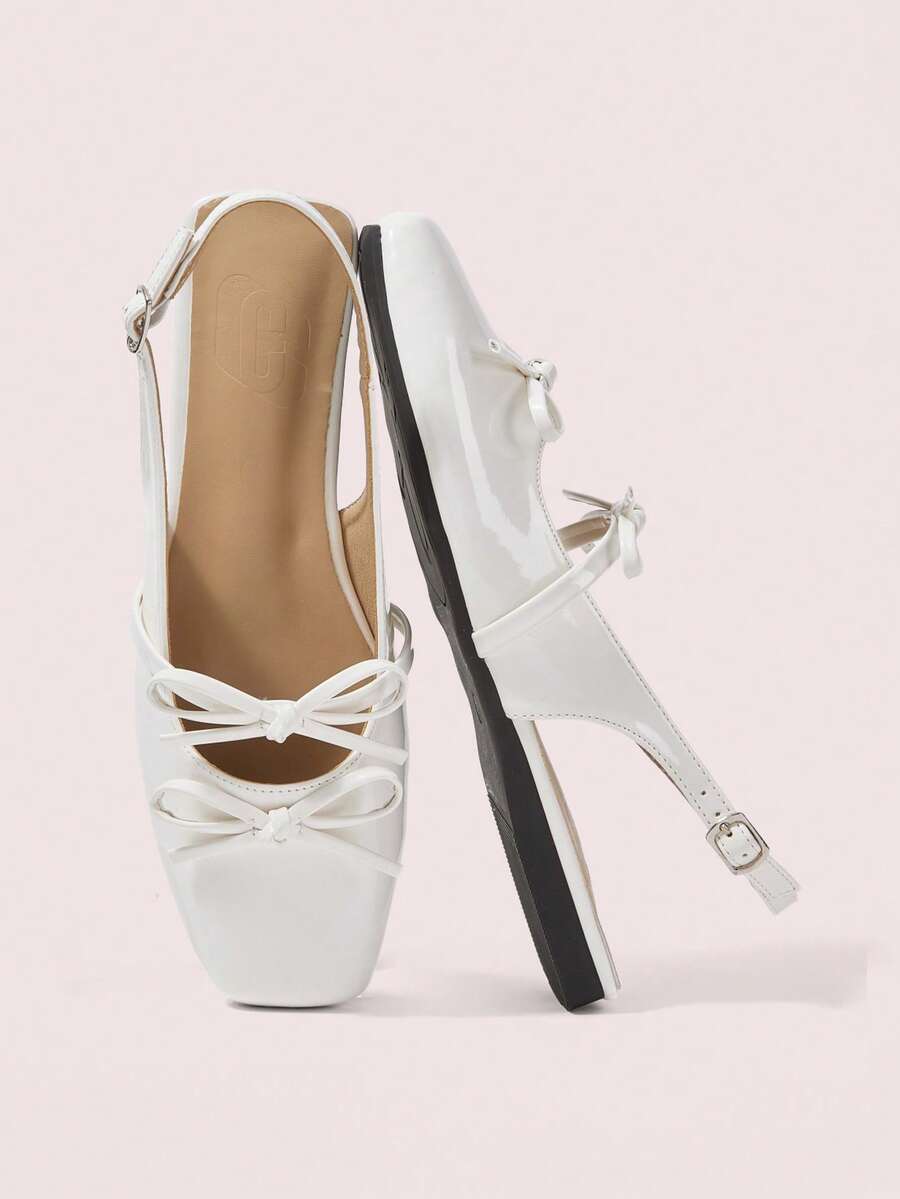 CUCCOO DOLLMOD White Patent Leather Bow Slingback Square Toe Low Vamp Flat Mary Jane Flats - White - View 1