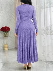 Modelyn Elegant Square Neck Lace Cinched Waist Fishtail Cocktail Dress - Purple - View 7