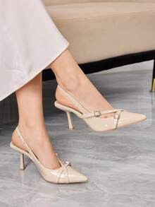 Sleekvia 女士尖头搭扣性感细高跟露跟派对通勤鞋低帮春季鞋亮面PU皮 - 杏色漆皮 - 查看 1