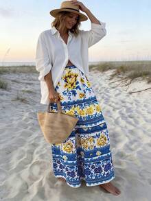 Balvessa Blue Printed Layered Ruffle Skirt For Women, Vacation - Blue - View 3