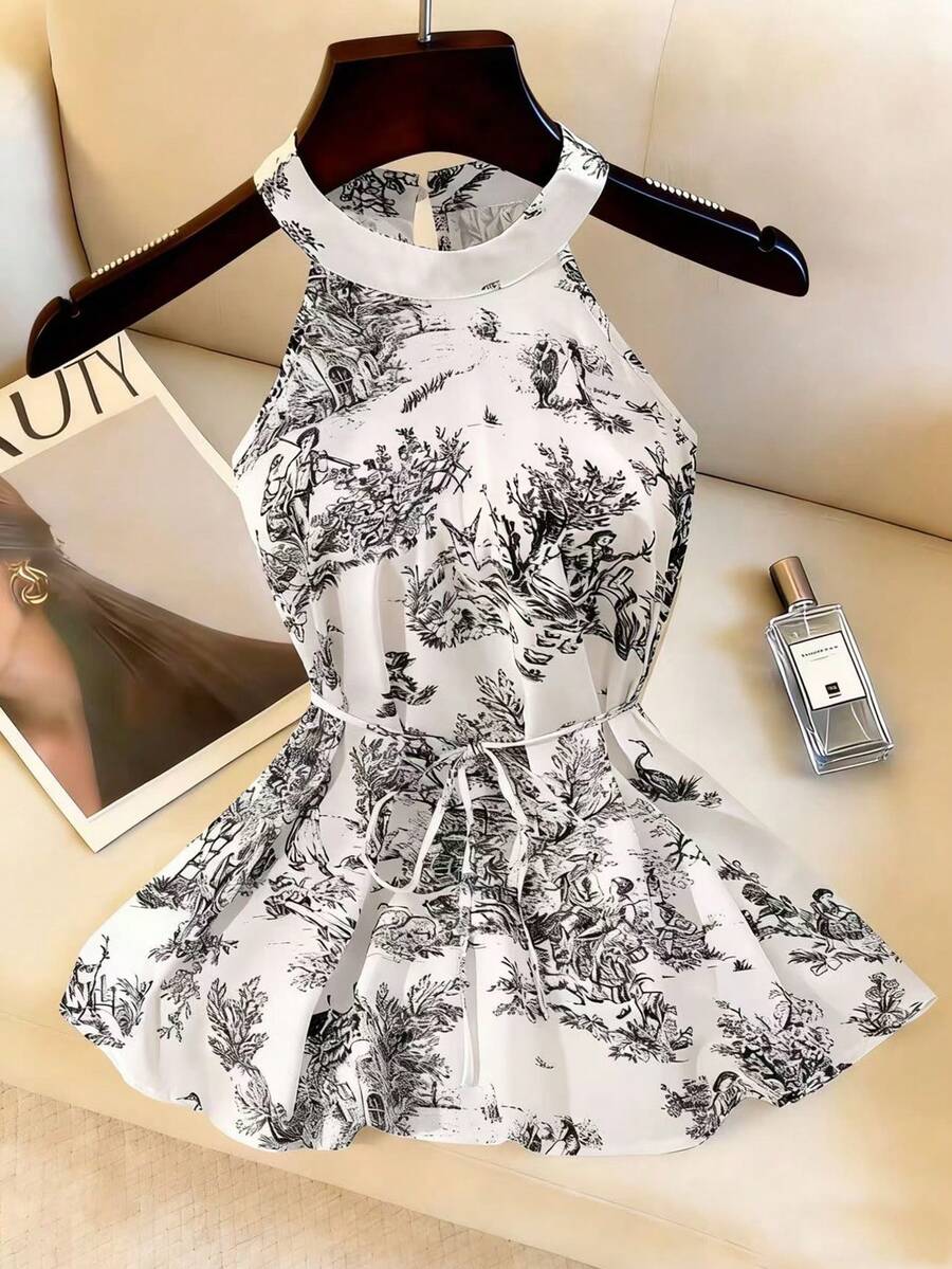 Lyxana Women's Tie-Waist Halter Neck Printed Shirt, Elegant Resort Wear For Spring/Summer - Multicolor - View 1