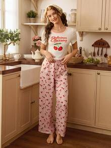 SHEIN Bộ đồ ngủ nữ phong cách đồng quê lãng mạn, in chữ hoa anh đào, dáng ôm, tay ngắn, kẻ caro, quần dệt hoa anh đào. - trắng - Xem 3