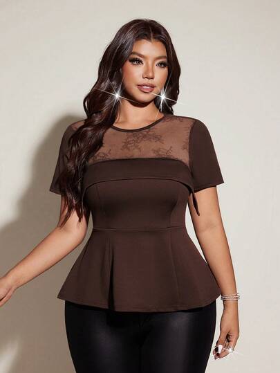 Viva Relle Plus Size Women Contrast Lace Round Neck Short Sleeve Ruffle Hem Elegant Blouse