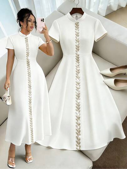 SHEIN Elenzya 女士杏色束腰金银串珠腰带A字短袖优雅显瘦奢华通勤复古连衣裙，春夏款