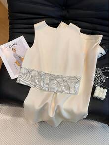SHEIN Ladiora Women's Sequin Patchwork Zipper Crew Neck Tank Top And Skirt Elegant 2-Piece Set - Beige - View 2