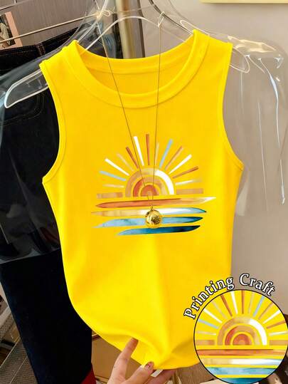 Resyla Yellow Sun Print Round Neck Casual Sleeveless Top, Summer Daily Wear