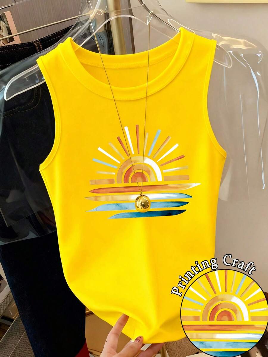 Resyla Yellow Sun Print Round Neck Casual Sleeveless Top, Summer Daily Wear - Yellow - View 1
